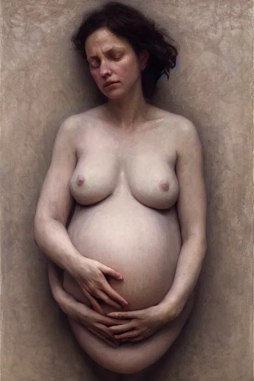 Image similar to pregnant woman in dystopia by Alyssa Monks, Bouguereau. Hyper realism, realistic proportions, dramatic lighting, high detail 4k