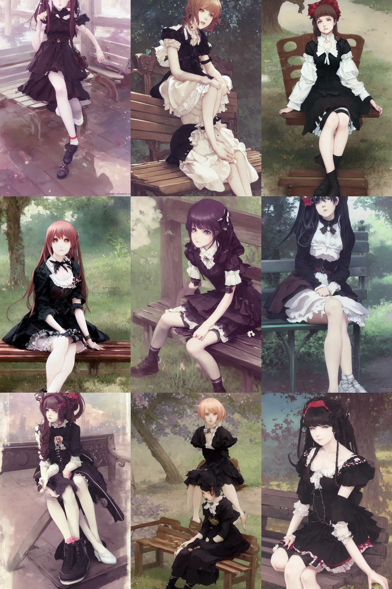Prompt: character design of girl in a black gothic lolita dress, sitting on a bench, by krenz cushart and mucha and akihito yoshida and greg rutkowski, detailed eyes, 4 k resolution