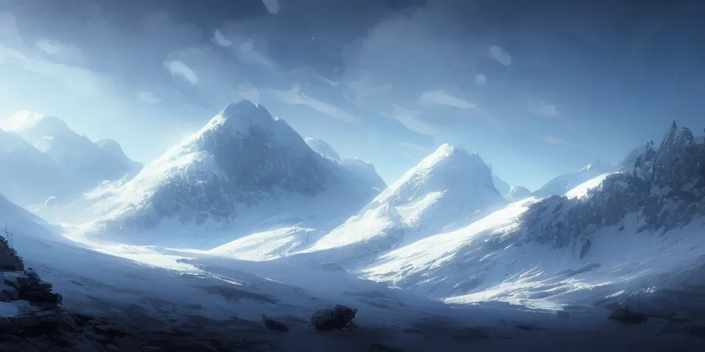 Image similar to snowy mountainous landscape, cinematic view, blue sky, detailed, concept art, low angle, high detail, realistic, warm lighting, volumetric, godrays, vivid, artstation, digital painting by jordan grimmer and greg rutkowski
