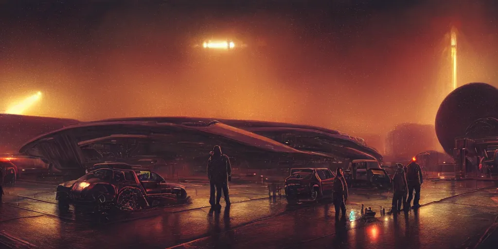 Prompt: A landscape with a dystopian spaceport, rain, oily puddles, mechanics, crates and parts on the ground, overalls, people are talking in the foreground, in the background a spacecraft is landing, jet of fire from thrusters, glow, smoke, landing lights, volumetric lighting, dynamic lighting, muted colors, by Greg rutkowski, thomas kinkade, Andreas rocha, john howe, pixar, f16, hd, 4k