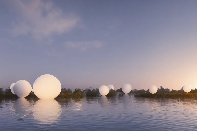 Image similar to many white round spherical buildings are crowded and combined to form a building on the calm lake, by pierre bernard, on the calm lake, people's perspective, future, interior wood, dusk, unreal engine highly rendered, global illumination, radial light, internal environment