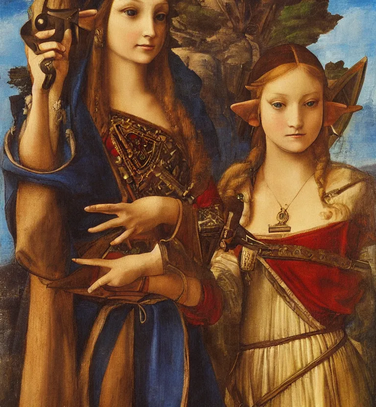 Prompt: oil painting half-length portrait of Princess Zelda holding the triforce and an ocarina by Leonardo da Vinci