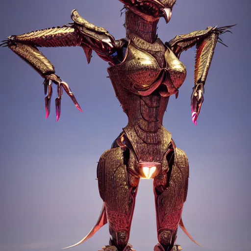 Prompt: bust of a beautiful majestic anthropomorphic humanoid robot female dragon, with smooth and streamlined armor, standing and posing elegantly, well detailed dragon head with epic LED eyes and a warm maw, sharp and dangerous sleek design, two arms, two legs, long tail, beautiful digital art, artstation, DeviantArt, FurAffinity, professional, octane render, sunset lighting