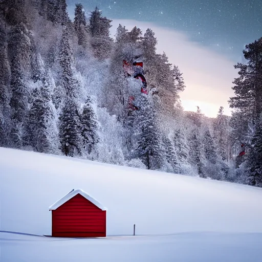 Image similar to stunning photo of landscape with an red cabin on a mountain by mikko lagerstedt