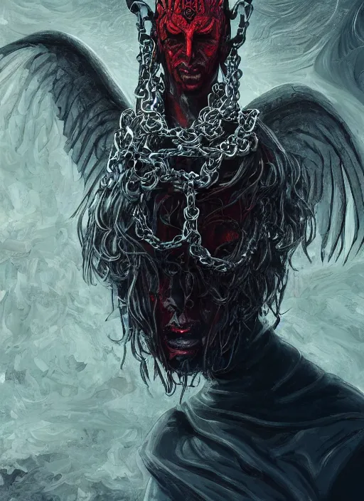 Image similar to lucifer, dark angel, red eyes, chain, handcuffs, large chain, wide open mouth, scream, cruelty, sad, sea bottom, light effect, hyper detailed, intricate, elegant, highly detailed, digital painting, artstation, concept art, matte, sharp focus, illustration, by dan mumford, yusuke murata, makoto shinkai, ross tran