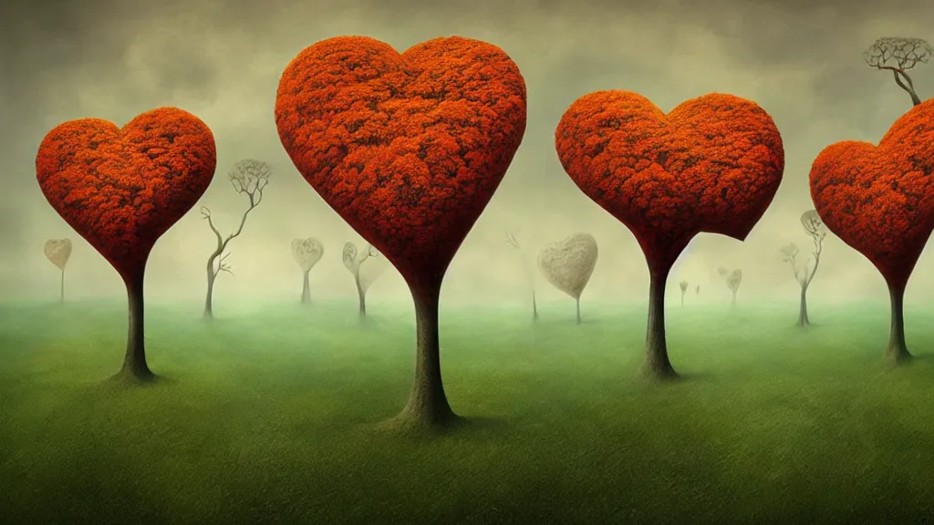 Prompt: surreal landscape, surrealism, fibonacci, heart shaped trees, symmetrical, esao andrews, victor enrich, dali