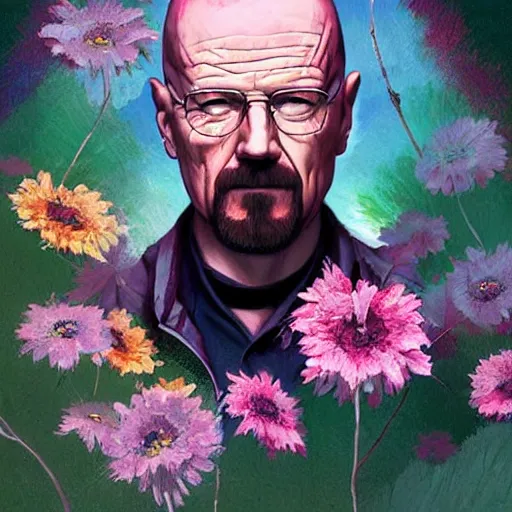 Prompt: painting of walter white dressed with flowers, illustration, artistic, colorful, hyper detailed, in the style of Greg Rutkowski