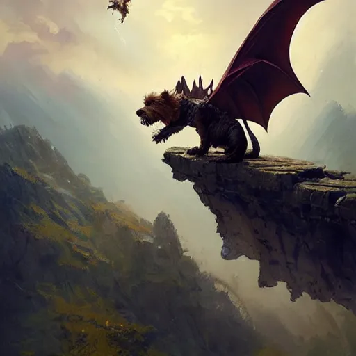 Image similar to a dog, a little terrier, looking up a huge dragon flying overhead, beautiful fantasy painting by greg rutkowski