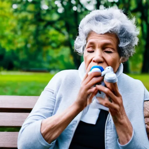 Image similar to an older woman sitting in a park using an oxygen tank. the oxygen tubing is attached to her nose, 4 k,