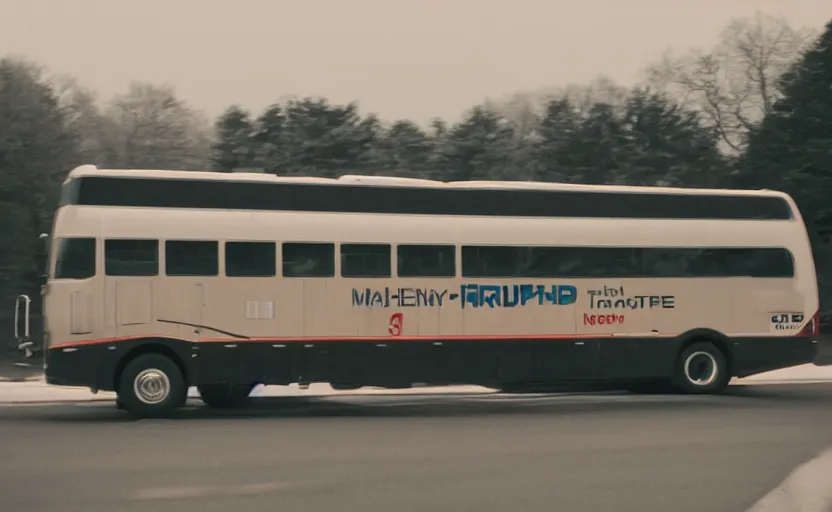 Image similar to exterior traveling greyhound bus circa 2 0 1 5, being john malcovich directed by charlie kaufman ( 2 0 0 1 ), shot with 2 4 mm lens anamorphic lenses, dp hoyte, foggy volumetric light morning, cinematic mood, 3 5 mm kodak film