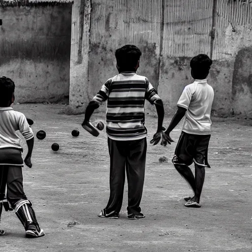 Image similar to four tamil friends playing a game of cricket, on an indian street, award winning image, national geographic, dslr image, black and white