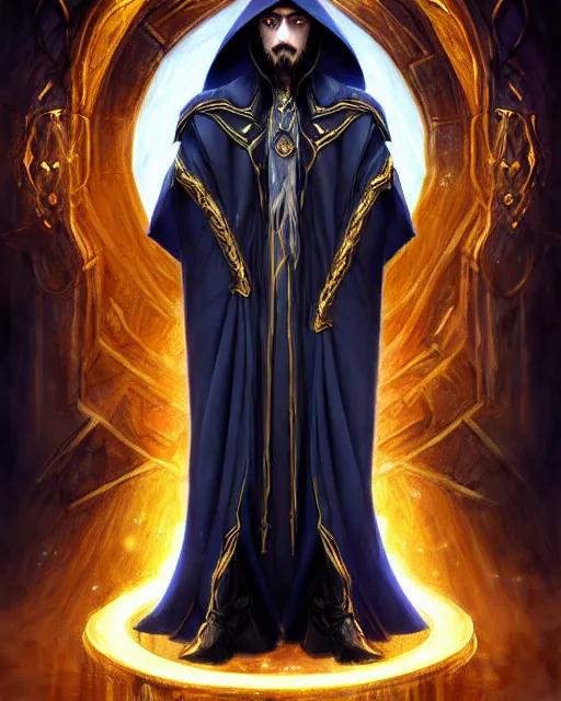 Image similar to cursed male mage at the end of time, long black hair blue eyes wearing cloth mantle gothic navy cloak with gold details, wizard town, fantasy character portrait, ultra realistic, intricate, elegant, cinematic lighting, highly detailed, digital painting, artstation, smooth, sharp, focus, illustration, art by artgerm and greg rutkowski and alphonse mucha