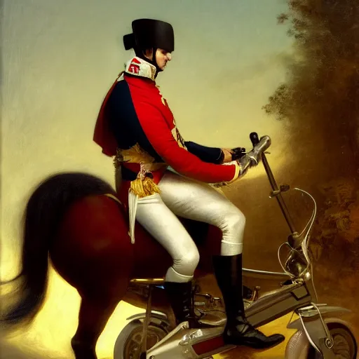 Image similar to Napoleon Bonaparte on his new electric scooter by Jeremy Lipkin and Giuseppe Dangelico Pino, oil on canvas, epic pose, cinematic, poster, 8k