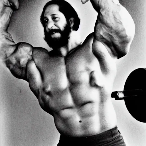 Prompt: photograph of richard stallman as a professional bodybuilder, happy facial expression, black and white photograph, 3 5 mm