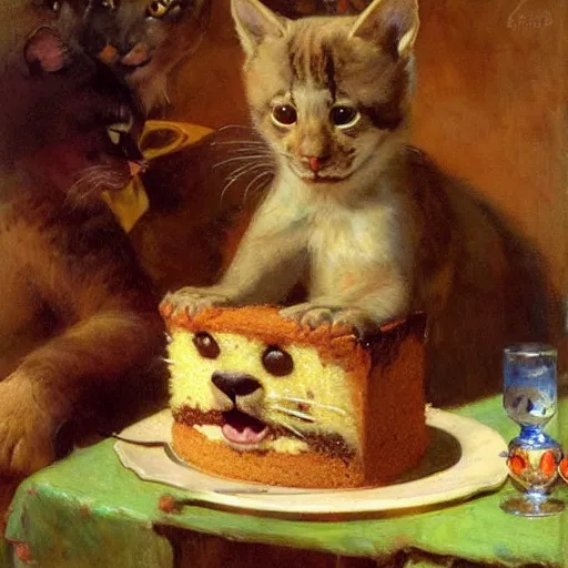 Prompt: a half cat half bear hybrid eating cake at his 7 0's birthday at a zoo, highly detailed painting by gaston bussiere, craig mullins, j. c. leyendecker