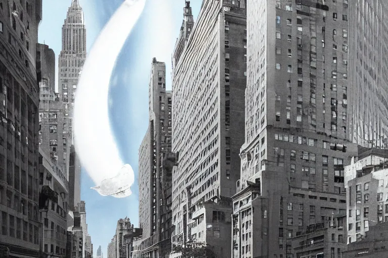 Prompt: matte painting of an alien mothership entering the atmosphere seen from the streets of downtown new york, pov