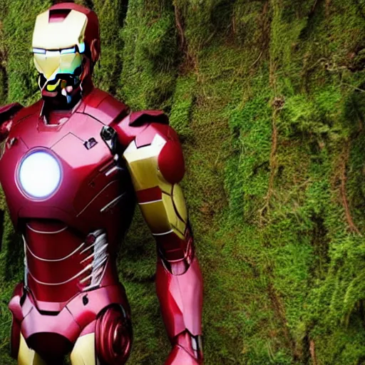 Prompt: abandoned iron man suit in the middle of the forest, overgrown by moss, 4k realistic photo