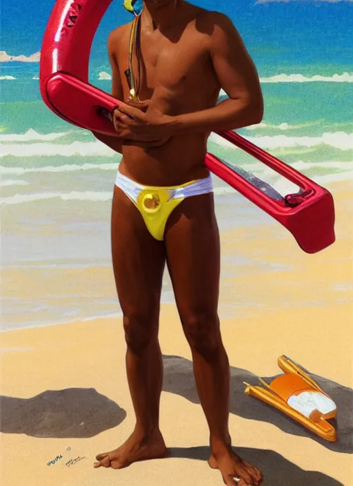Image similar to portrait Gus Fring as sea lifeguard on the beach, full length shot, shining, 8k highly detailed, sharp focus, illustration, art by artgerm, mucha, bouguereau