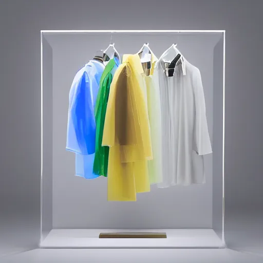 Prompt: an ultra high definition professional studio quality photograph of a transparent iridescent perspex pastel coloured coat made of plastic bags on a coat hook in an empty white room. dramatic lighting, ray tracing, refraction, shallow d. o. f, colour corrected, golden ratio, three point light. volumetric shadows. god rays.