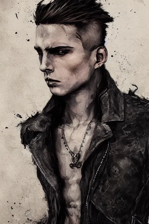 Image similar to a rough looking young man, buzzed hair, gothic, tattered leather coat, intricate, elegant, dramatic lighting, gorgeous face, highly detailed, lifelike, photorealistic, digital painting, artstation, illustration, concept art, smooth, sharp focus, art by John Collier and Albert Aublet and Krenz Cushart and Artem Demura and Alphonse Mucha