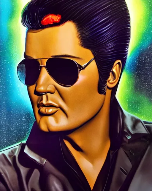 Image similar to a powerful energy elvis presley, by alexander fedosav, hyper detailed digital matte painting, concept art, hyperrealism, 1 6 k resolution, cinema 4 d, 8 k resolution, trending on artstation, behance hd, a masterpiece, by stephan martiniere, particles, cel - shaded, power bright neon energy, by david a. hardy,