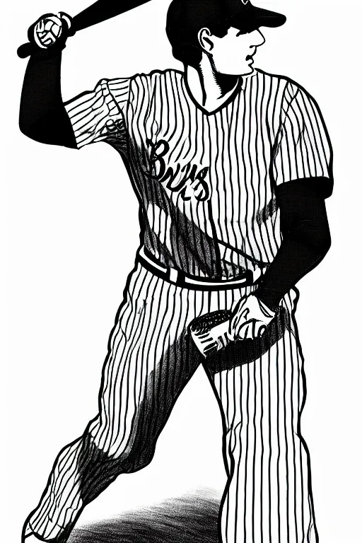 Image similar to full body drawing of a white baseball player with a black baseball cap and a black bat and a striped jersey, white background, black and white, 2D drawing