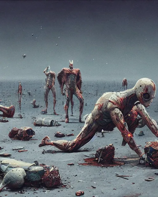 Image similar to dead superheroes on the ground, retrofuturism sci - fi old movie, highly detailed, photorealistic, 8 k, by beksinski and stalenhag