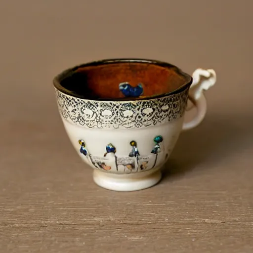 Image similar to baroque teacup filled with tiny little bowling pins