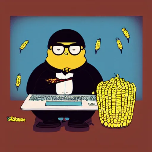 Prompt: Lofi peter griffen from family guy with computer and corn, Pixar style, Tristan Eaton, Stanley Artgerm, Tom Bagshaw