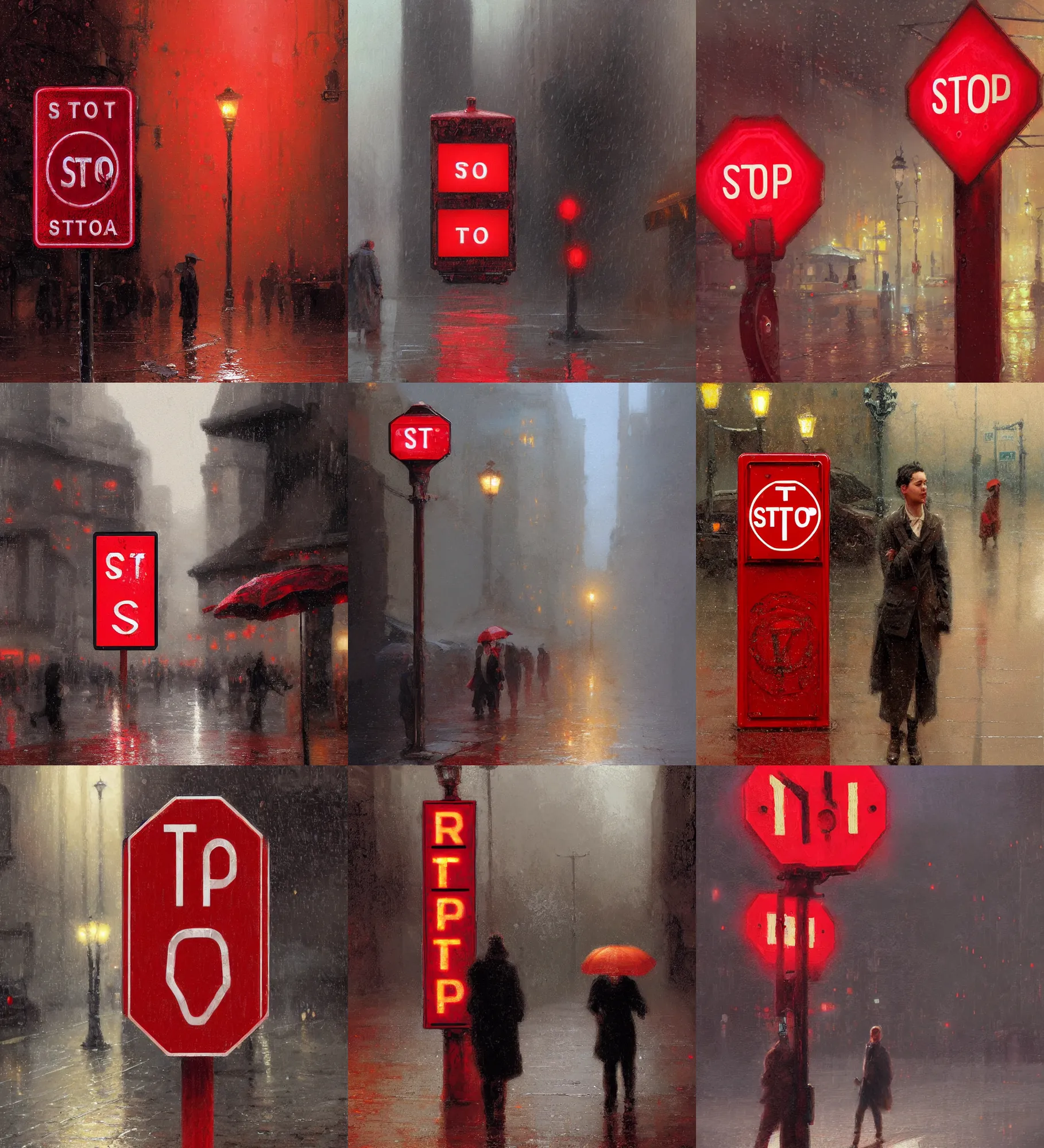 Prompt: digital art painting of a red stop sign in the sidewalk during a rainy day painted by craig mullins and gaston bussiere and greg rutkowski, dramatic lighting, symmetrical facial features, symmetrical face, defined facial features, close up