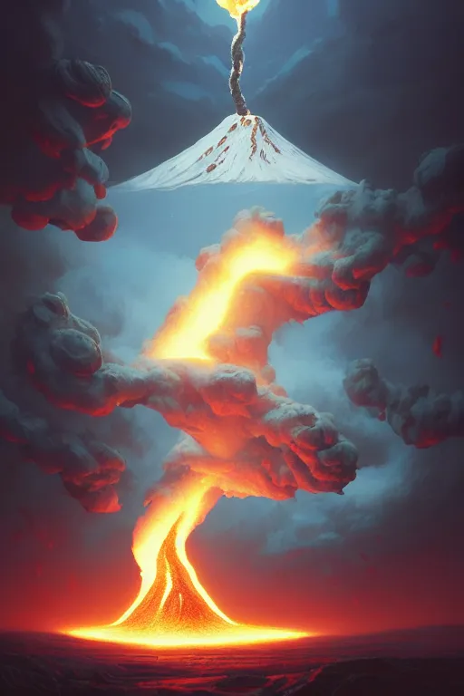 Image similar to coffee cup with whipped cream, volcano erupting from inside the cream, stephen bliss, unreal engine, fantasy art by greg rutkowski, rhads, ferdinand knab, makoto shinkai and lois van baarle, ilya kuvshinov, rossdraws, tom bagshaw, global illumination, radiant light, red blue theme, pine forest