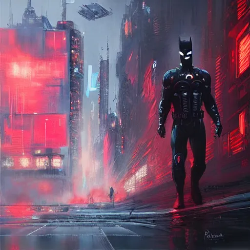 Image similar to cyberpunk batman, red symbol, futuristic, brush strokes, oil painting, city background, greg rutkowski