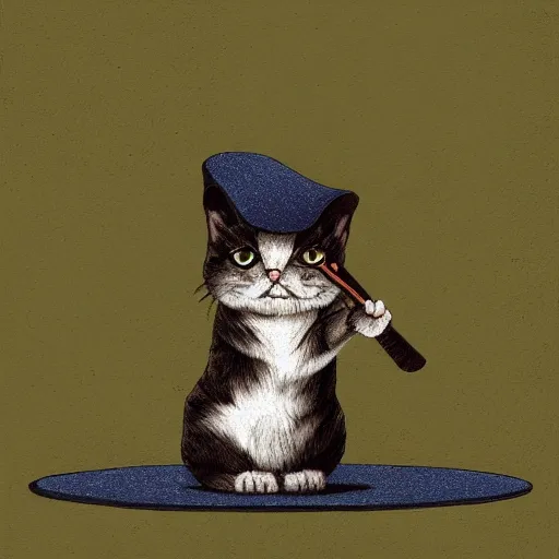 Image similar to cat sat on a mat wearing a hat and holding a bat, digital art, smooth, sharp focus