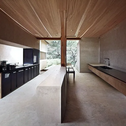 Prompt: “extravagant luxury modern kitchen, interior design, natural materials, by Tadao Ando and Koichi Takada”