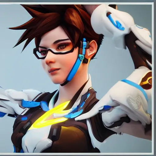 Image similar to portrait of tracer from overwatch, unreal engine 5, trending on art station