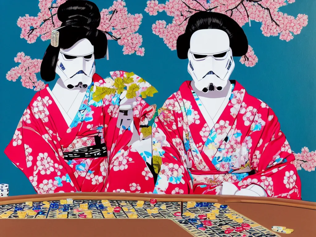 Prompt: hyperrealism composition of the detailed single woman in a japanese kimono sitting at an extremely detailed poker table with stormtrooper, fireworks and sakura tree on the background, pop - art style, jacky tsai style, andy warhol style, acrylic on canvas