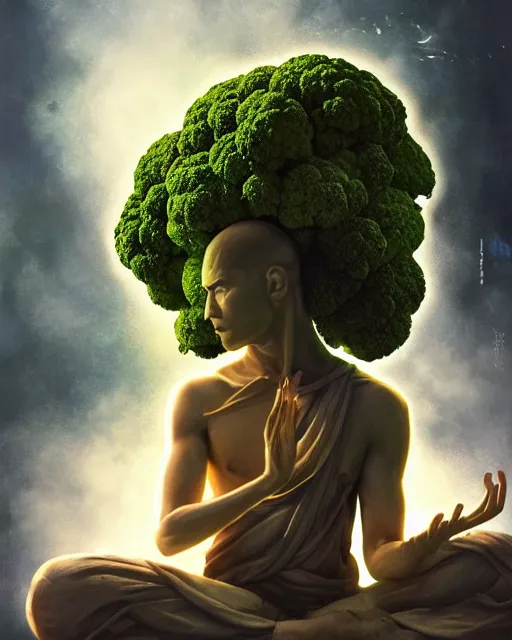 Image similar to detailed photo of meditating broccoli monk, beautiful, 8 k, by tristan eaton, stanley artgermm, tom bagshaw, greg rutkowski, carne griffiths, trending on deviantart, hyper detailed, glorious lighting, epic environment