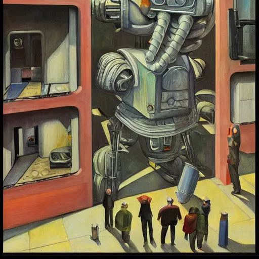 Image similar to cutaway section of a giant robot revealing people living inside, brutalist, dystopian, pj crook, edward hopper, oil on canvas