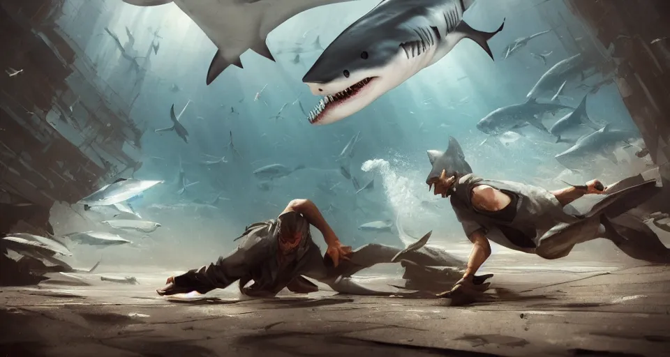 Prompt: shark breakdances, greg rutkowski, 4 k, matte painting, concept art, artstation