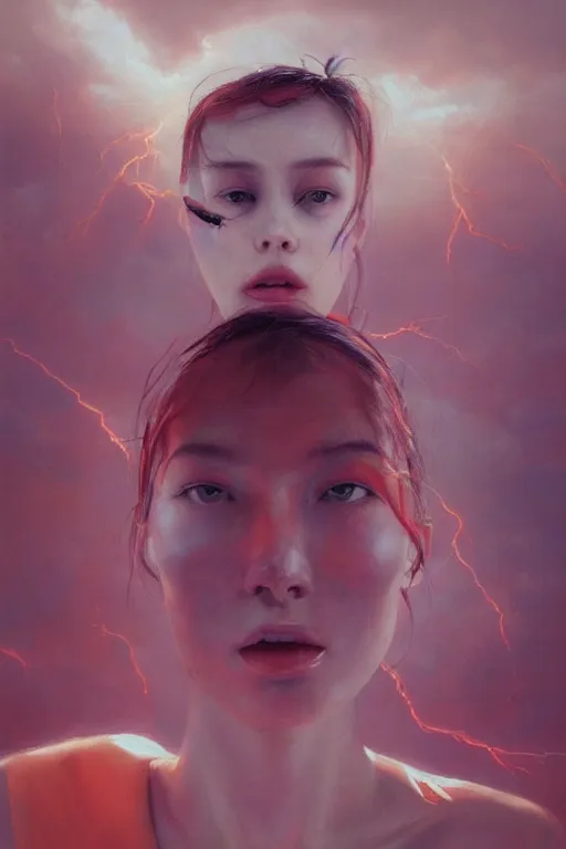 Image similar to 3 d, sci - fi, morning, happy fashion model face, sun, cinematic, lightning, clouds, vogue cover style, stanley kubrick, light red and orange mood, realistic painting, intricate oil painting, high detail, figurative art, multiple exposure, poster art, 3 d, by tooth wu and wlop and beeple and greg rutkowski