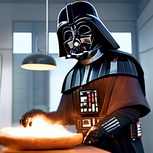 Image similar to A still of a Darth Vader making a pizza in Masterchef, 4k, photograph, ultra realistic, highly detailed, professional lighting