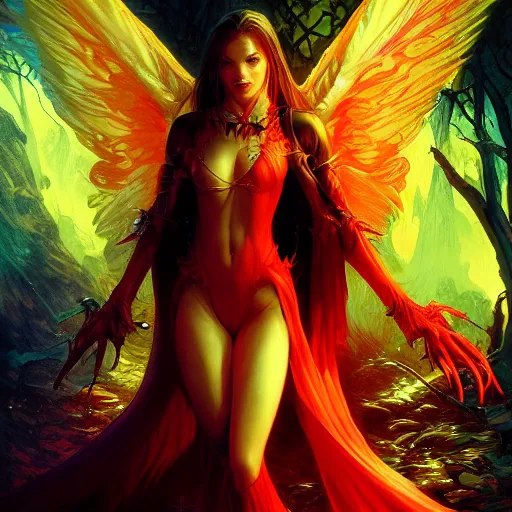 Prompt: young vampire princess with burning wings 4 k high definition colorful dramatic lighting artstation trending path traced contrast light and dark cinematic breathtaking saturated by noriyoshi ohrai, patrick woodroffe, and hans zatzka