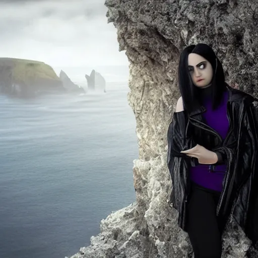 Image similar to 1 7 - year - old pale - skinned persian girl with black long bob cut, black gothic jacket, purple eyes, psychic girl, standing on cliff along the irish coast, overcast gray skies, ultra - realistic, sharp details, subsurface scattering, intricate details, cold lighting, highly detailed, photorealistic, octane render, 8 k unreal engine, art by artgerm