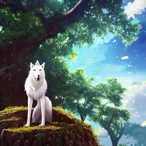 Image similar to highly detailed digital art of a magestic white wolf standing on an overgrown fallen tree trunk, lush surroundings, sunshine, kimi no na wa, trending on artstation, tranquil, landscape, super wide angle,