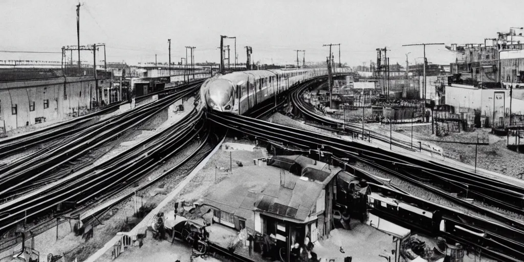 Image similar to wide angle view of streamline train speeding. futurism. industrial revolution and progress.