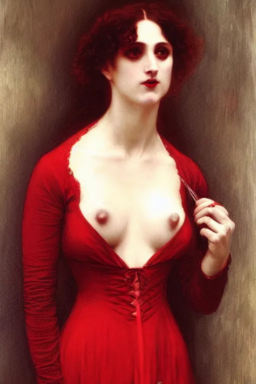 Image similar to victorian vampire in red dress, painting by rossetti bouguereau, detailed art, artstation