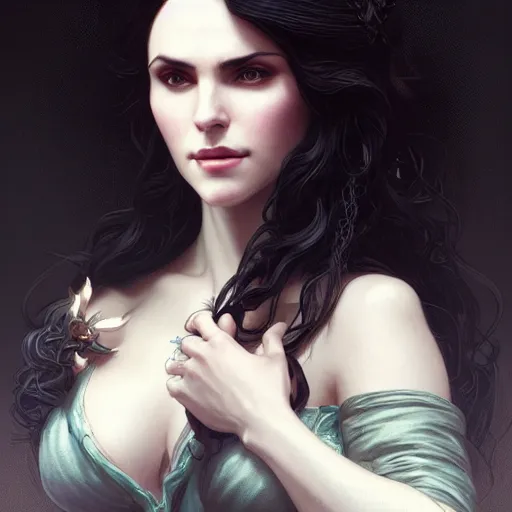 Image similar to portrait of a Yennefer from the Witcher, D&D, fantasy, intricate, elegant, highly detailed, digital painting, artstation, concept art, matte, sharp focus, illustration, art by Artgerm and Greg Rutkowski and Alphonse Mucha