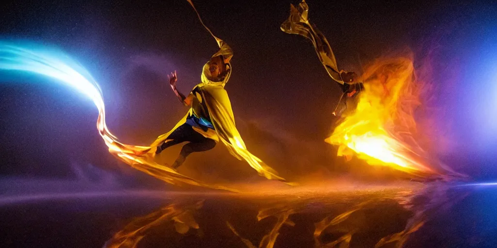 Image similar to VHS music video fisheye slow motion with lines of fire and smoke effect through a portal with kites of futuristic break dancer wearing long dark cloak and golden helmet emitting fire and crystals, long exposure shot , enigmatic, at night half submerged by water, paddle of water, steam, fog, water splashes, rim lights, glossy reflections, water droplets on lens, octane render, Volumetric dynamic lighting, stunning cover magazine, high details, hajime sorayama