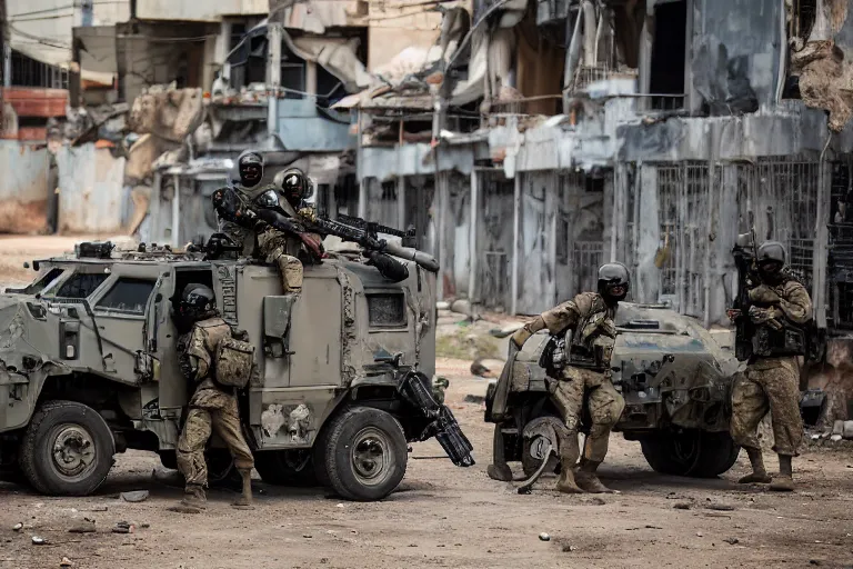 Image similar to Mercenary Special Forces soldiers in grey uniforms with black armored vest and black helmets behind an MRAP in urban warfare in Cambodia as artillery explodes 2022, Canon EOS R3, f/1.4, ISO 200, 1/160s, 8K, RAW, unedited, symmetrical balance, in-frame, combat photography