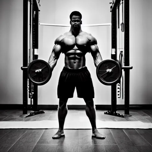 Image similar to black & white epic!!! photograph of a muscular minion in the gym, motivational poster, highly detailed, cinematic lighting, photo, award - winning photograph, professional photograph, dramatic posing, 8 k quality